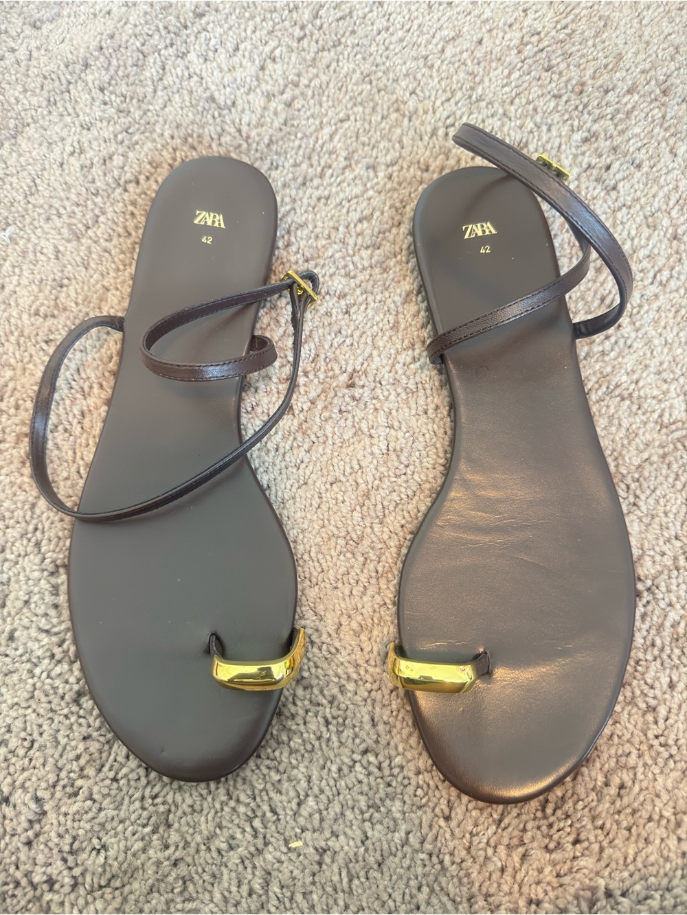 Zara Dark Brown Leather Toe-Ring Sandals with Gold Accent